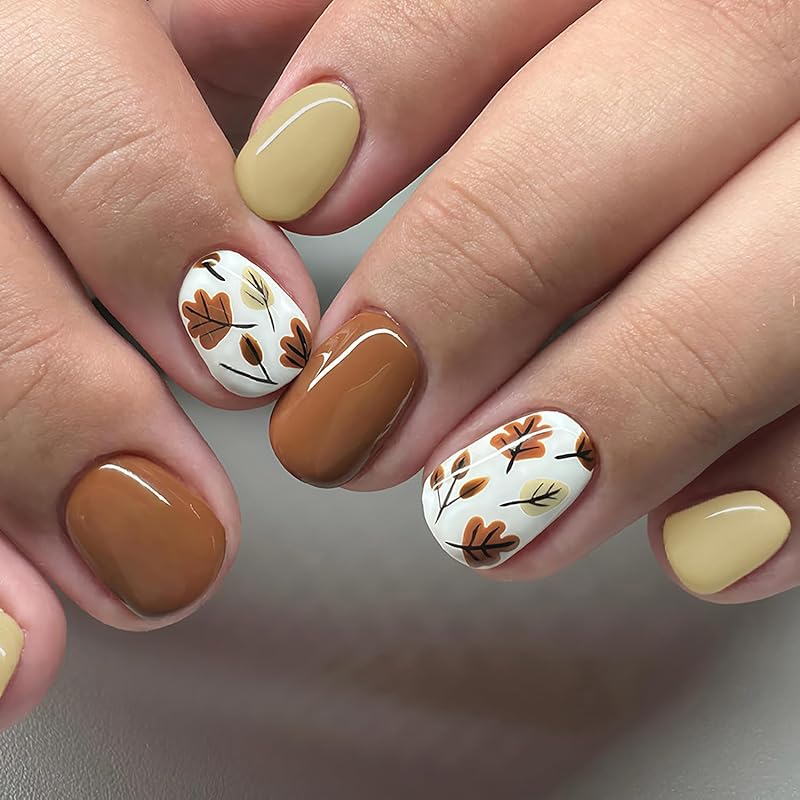 24Pcs Fall Press on Nails Medium Square Fake Nails with Autumn Leaves Designs Red Autumn Maple Leaf False Nail Thanksgiving Acrylic Nails Kit Red
