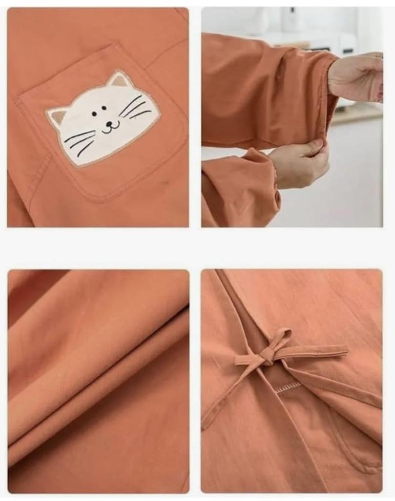 Kočičí zástěra s dlouhými zády Roztomilá kuchyňská Dlouhá kuchyňská halena pro školku Roztomilá kočka Kuchyň Přírodní zboží Y&Y&Y Kapsa, Rukávy, Oranžová, Stuha, Nošení,