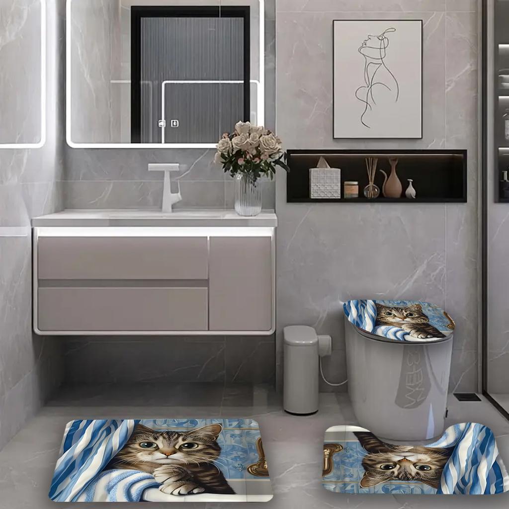 1/4 buc. Set Perdea de Duș Impermeabilă cu Model Pisică Drăguță de Lux Set Decorativ pentru Baie Covor Antiderapant Husă pentru Toaletă Covoraș de Baie și 12 Cârlige