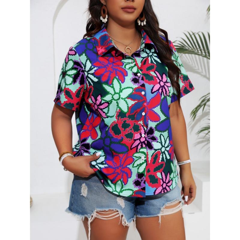 

Жіноча літня сорочка з м яким принтом і короткими рукавами на гудзиках великих розмірів 4XL синій