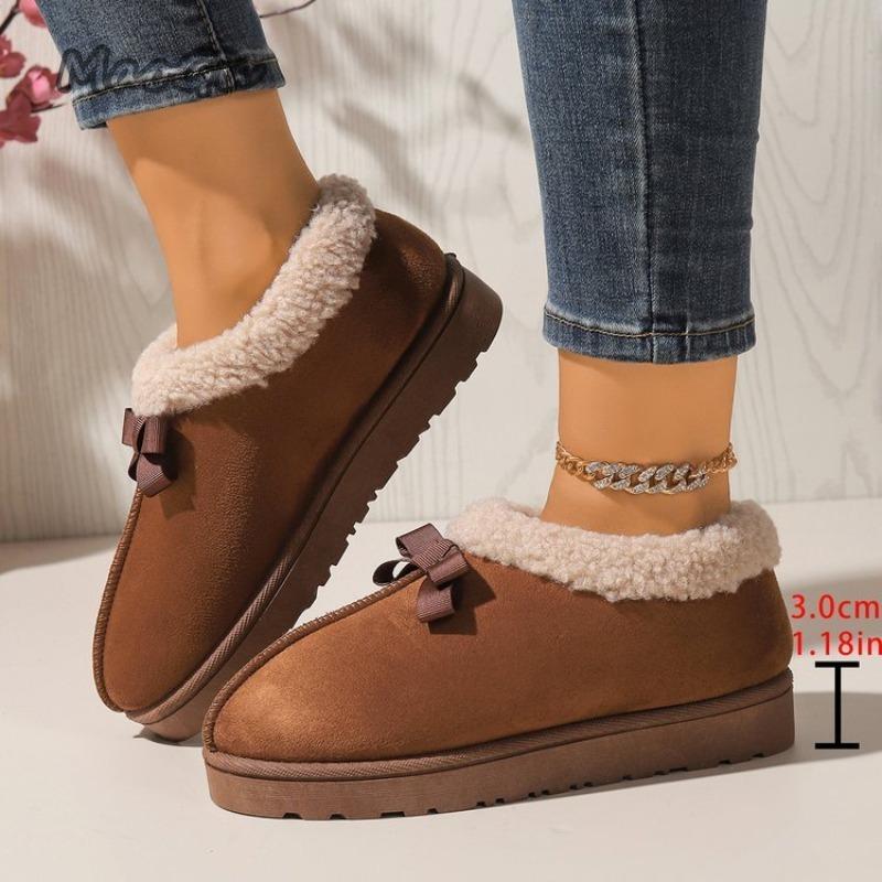 Autumn Winter Women's Footwear Plush Snow Boots Bow-tie Suede Warm Slip On Round Toe Boots Non-slip Thick Bottom Women Shoes