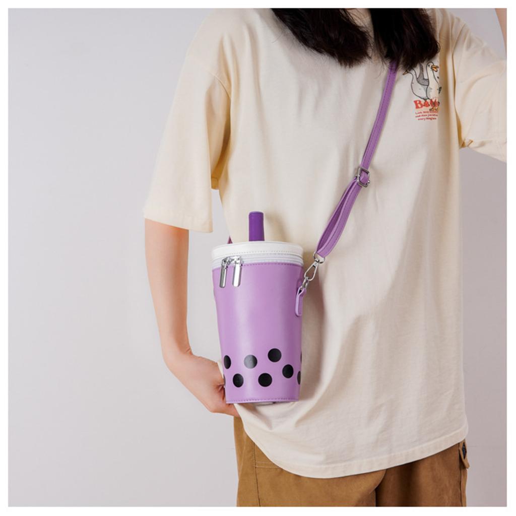 Creative Milk Tea Cup Shaped Bucket Bag for Women Cute Cartoon PU Leather Crossbody Bag Personalized Shoulder Bag