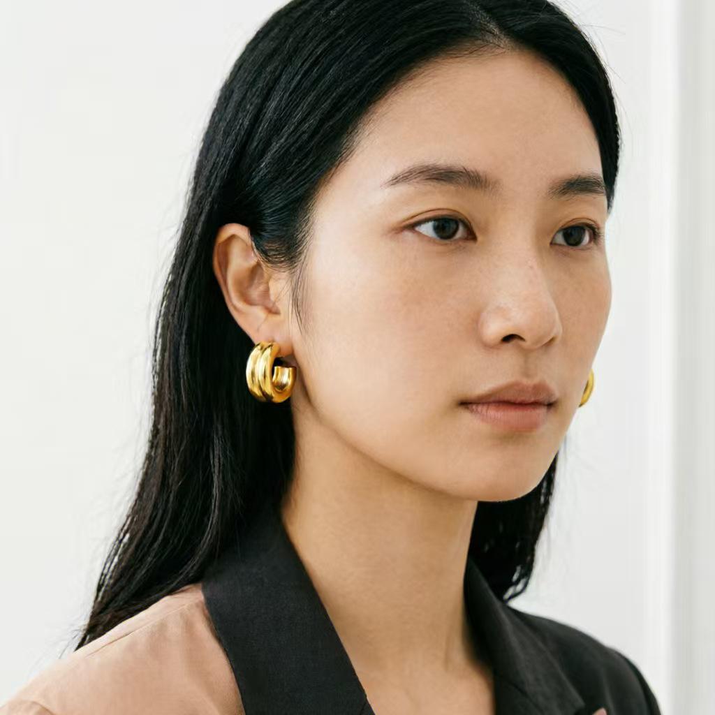 French Retro Stainless Steel Double Hoop Earrings - Colorfast & Versatile for Everyday Wear