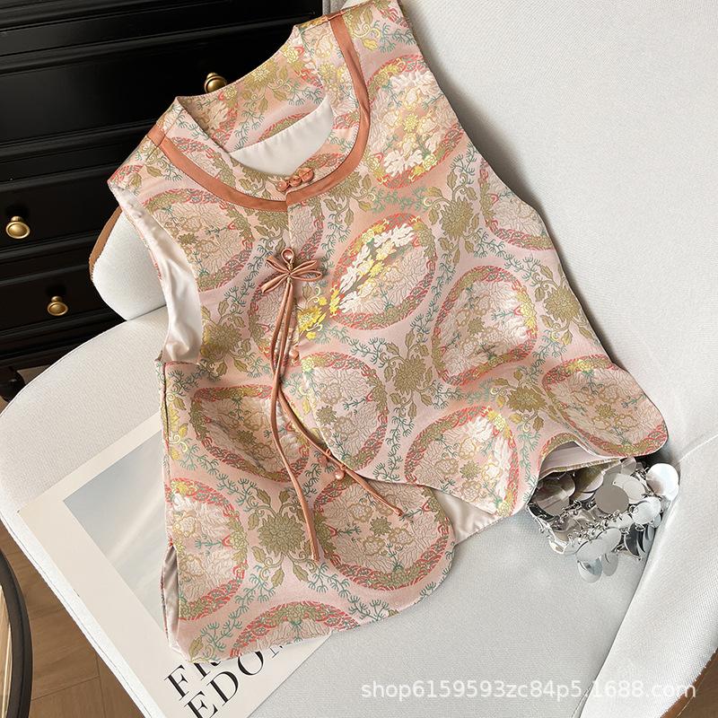 Sleeveless Vest Women's 2025 New Retro Satin Print Vest Top