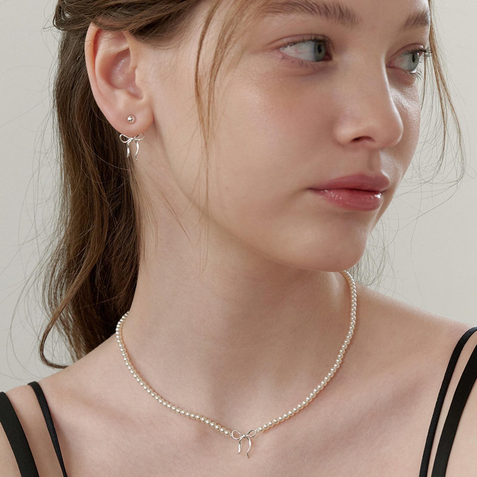 

Classic Beaded Pearl Jewelry Bowknot Necklace Gold or Silver Plated Clavicle Chain For Weddings And Daily Accessories срібний