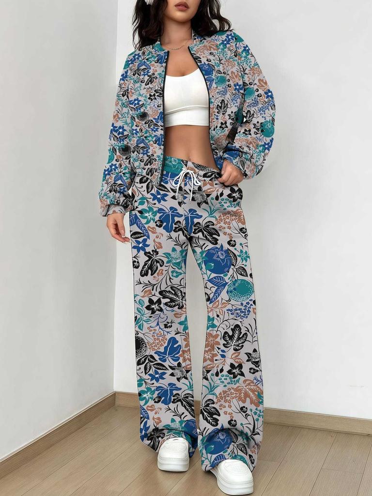 Small Fresh Flowers Autumn and Winter New European and American Women's Clothing Fruit Printing Set Women