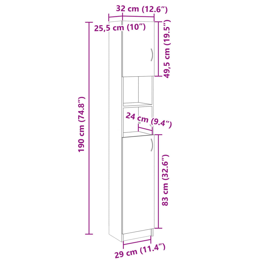 Bathroom Cabinet Sonoma Oak Finish 32 x 25.5 x 190 cm Particleboard