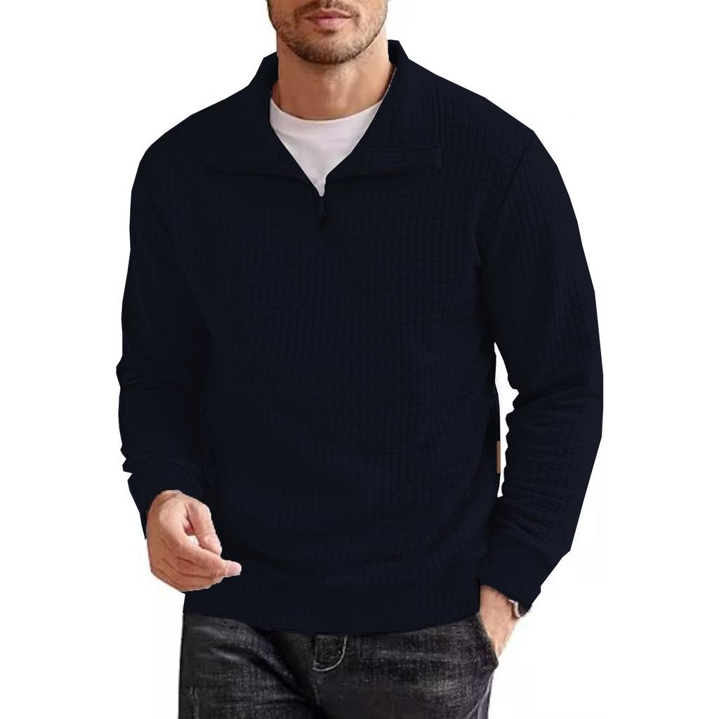 Large Size Men's Spring and Autumn Top Plaid Zipper Sweatshirt Solid Stand Collar Pullover