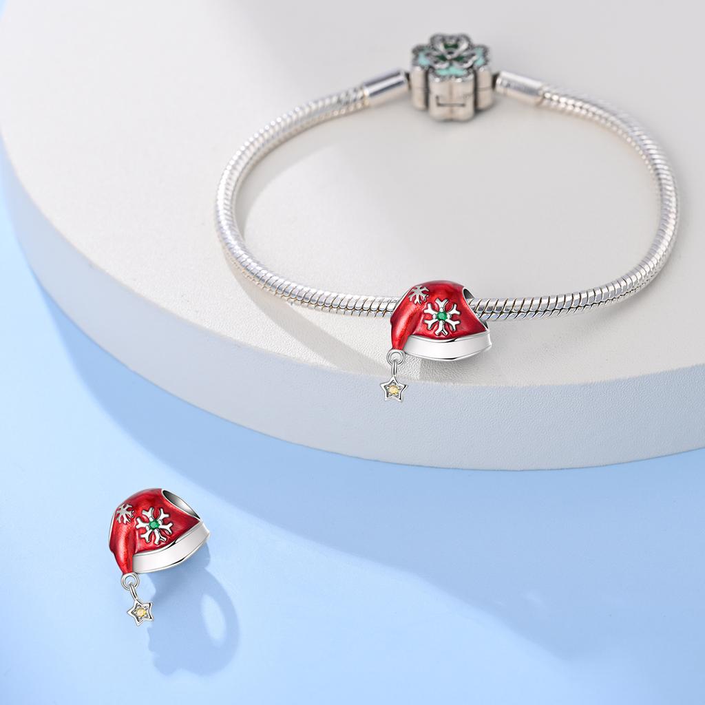 Original Copper Charms Luxury Red Christmas Hat Snowflakes Beads Fit Bracelet Diy Women Making Delicate Gift