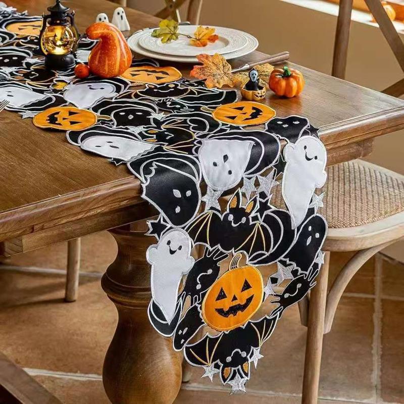35x88cm Halloween Table Runner Pumpkin Ghost Bat Spiderweb Embroidered Tablecloth Vintage Fall Dining Party Cabinet Decor