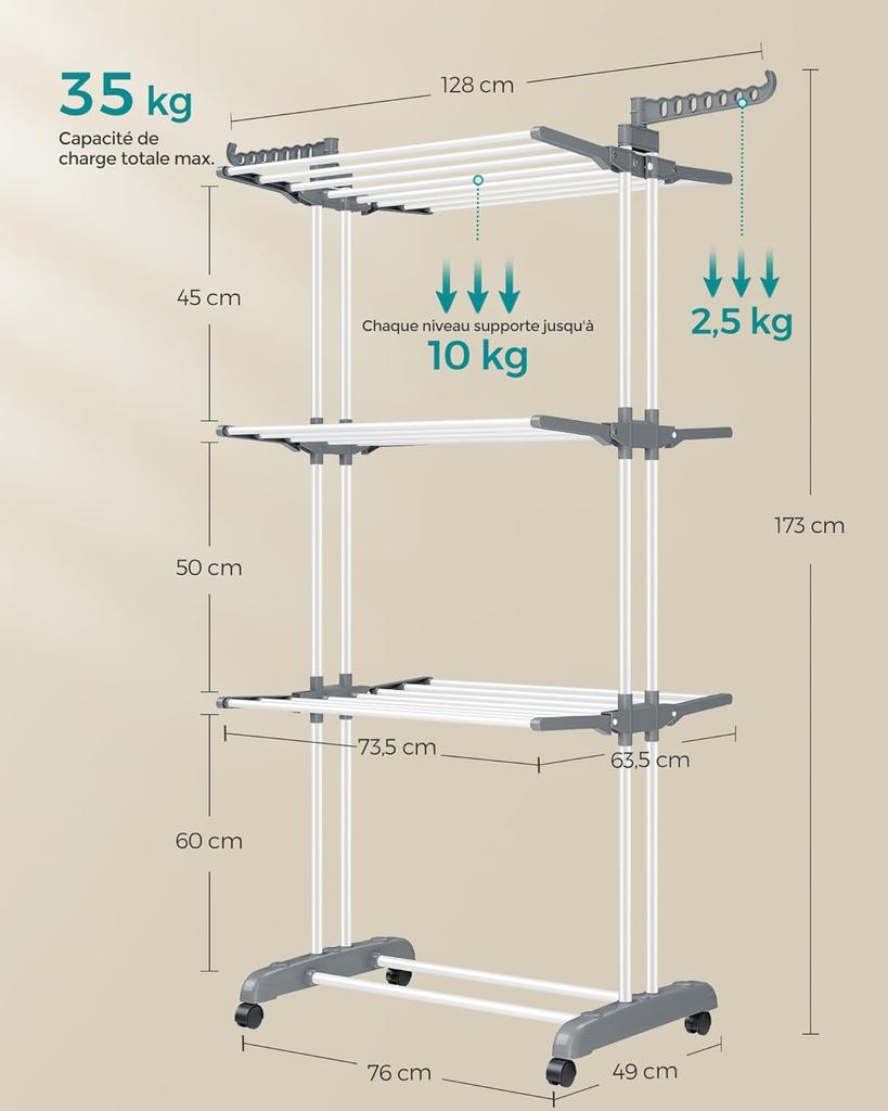 SONGMICS LLR701W01 Portable Clothes Airer with Wheels 4 Levels Foldable 63.5 x 128 x 173 cm, Large Capacity, Easy Assembly, Indoor and Outdoor Use