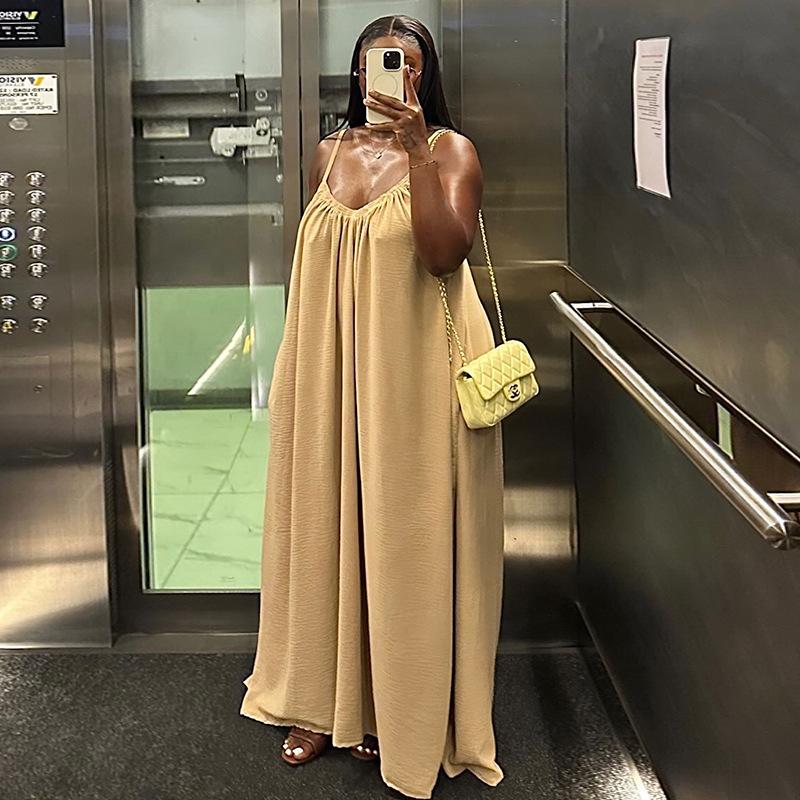 

2026 Summer Women s V-Neck Loose Spaghetti Strap Long Dress - Solid Color Casual Style L абрикосовый