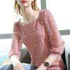 Lace Bottom Shirt for Women Straight Neckline Hollow Out Blouse Sexy Three Quarter Sleeve T-shirt