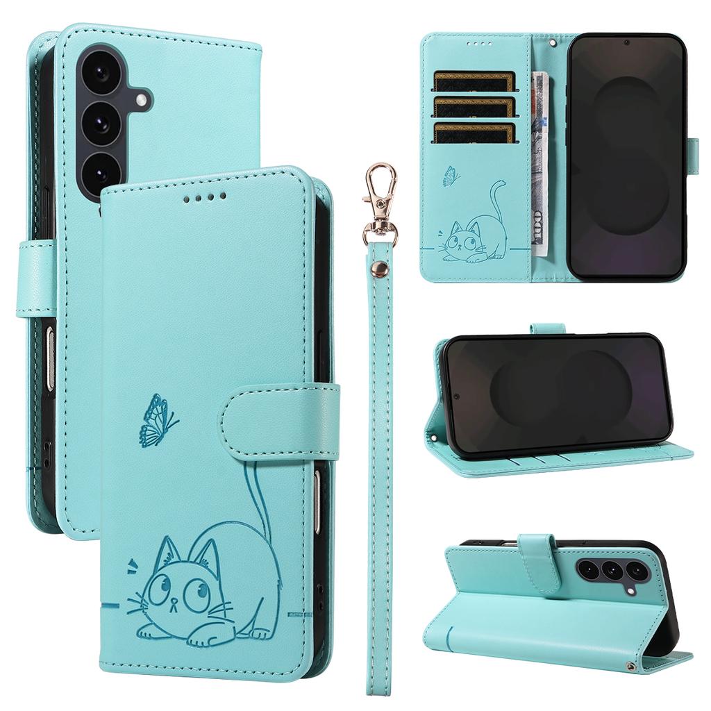 For Samsung Galaxy S25 FE Case Cat Pattern Imprint Leather Phone Cover with Wrist Strap