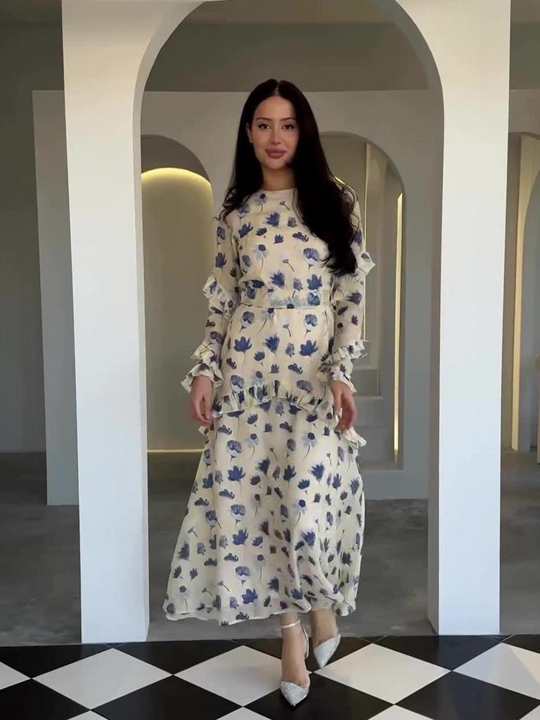 2024 Floral Print Women's Dress - Gentle Style, Round Neck, Long Sleeve, with Ruffles