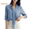 Camisa de verano para mujer, cuello en V, cuello con cordones, manga larga, jersey, tops de color liso, corte holgado, tops de oficina para mujer, ropa de trabajo