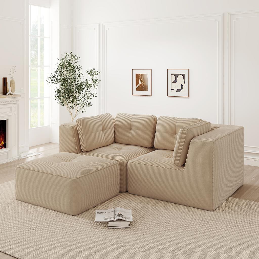 Modular corner sofa, two-seater, frameless L-shaped sofa with movable footrest, corduroy fabric, suitable for living room and bedroom, Beige