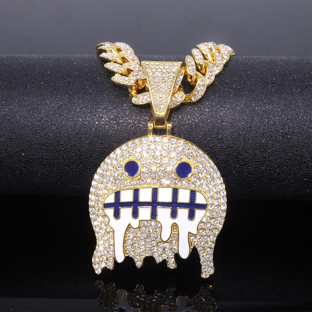 European American Hip Hop Jewelry Ice Face Enamel Emoji Pendant Men Hipster Street Rap Full Diamond Cuban Chain Necklace