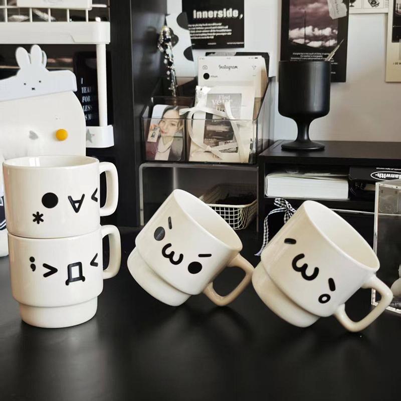 Ins Cute Expression Stackable Ceramic Mug, Minimalist White Coffee & Water Cup for Home Use