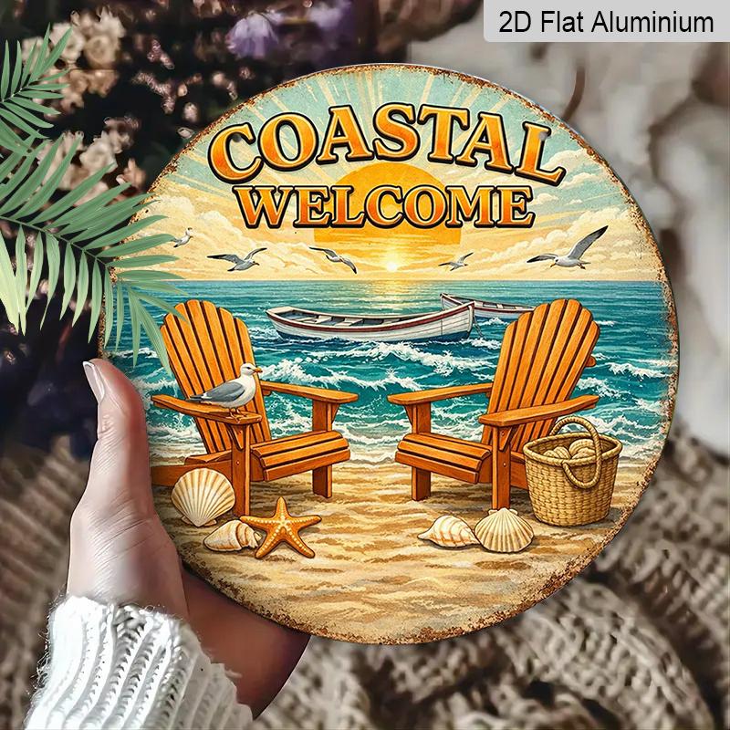 2D Flat, 1pc Round Aluminum Hanging Sign - "Coastal Welcome" Beach Sunset Vintage Metal Wall Art, Retro Ocean Chair & Seashell Design, Perfect for