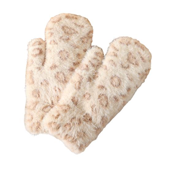 1 Pair Winter Mittens Leopard Print Warm Plush Gloves Soft Thickened Cold-Proof Skiing Travel Gloves