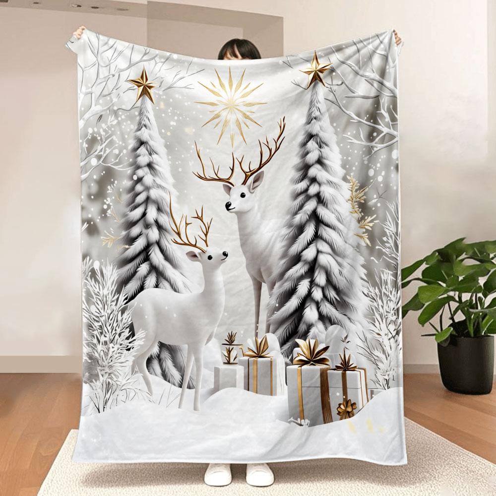 Christmas Winter Wonderland Blanket - Featuring Two White Deer with Golden Antlers, Snow-Covered Evergreens, Golden Sunburst & G 75X95CM