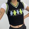 Womens Casual Plaid Knitted Tank Top  Knitwear Preppy Style V-Neck Vest Sweater