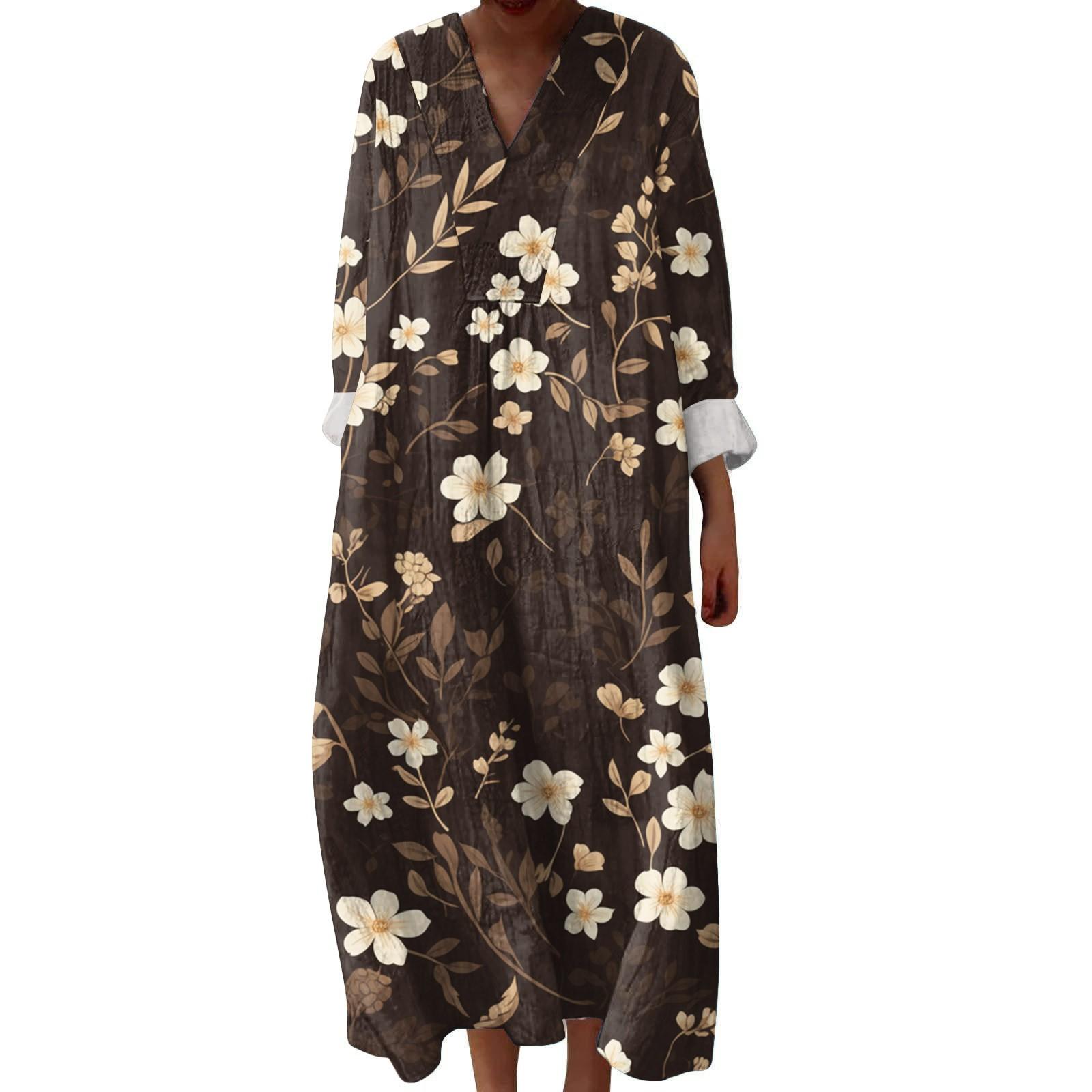 

Женское повседневное и модное платье с V-образным вырезом и цветочным принтом, с длинным рукавом S коричневый