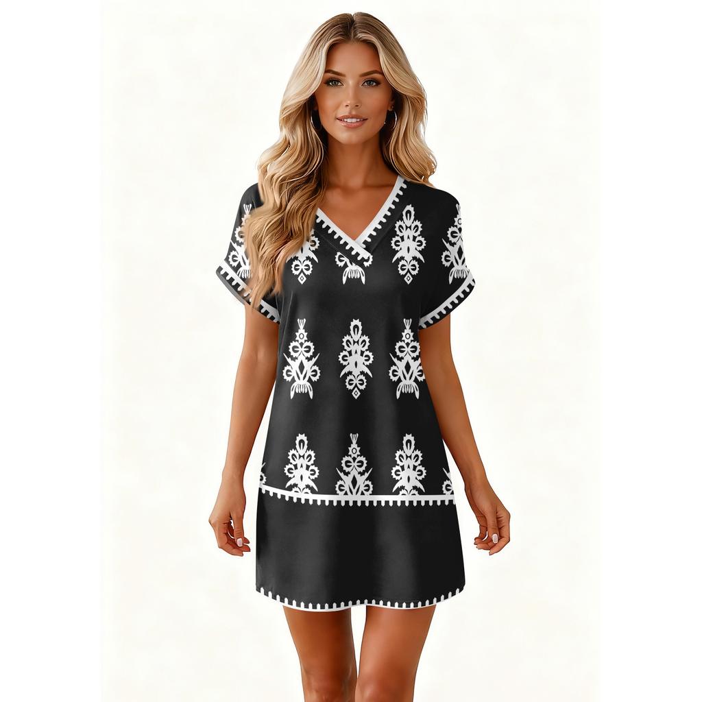Women's Fashionable Floral Print V-neck Short Sleeved Pocket Casual Pullover Dress