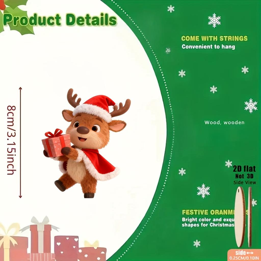 2D Flat 10Pcs Christmas Wooden Hanging Ornaments Tree Decorations for Home Holiday Party Festive Decor