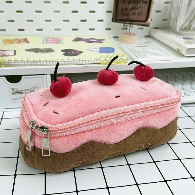 Roztomilý plyšový penál s třešňovým dortem, velkokapacitní kawaii pouzdro na tužky pro dívky a děti, školní doplňky, dárek