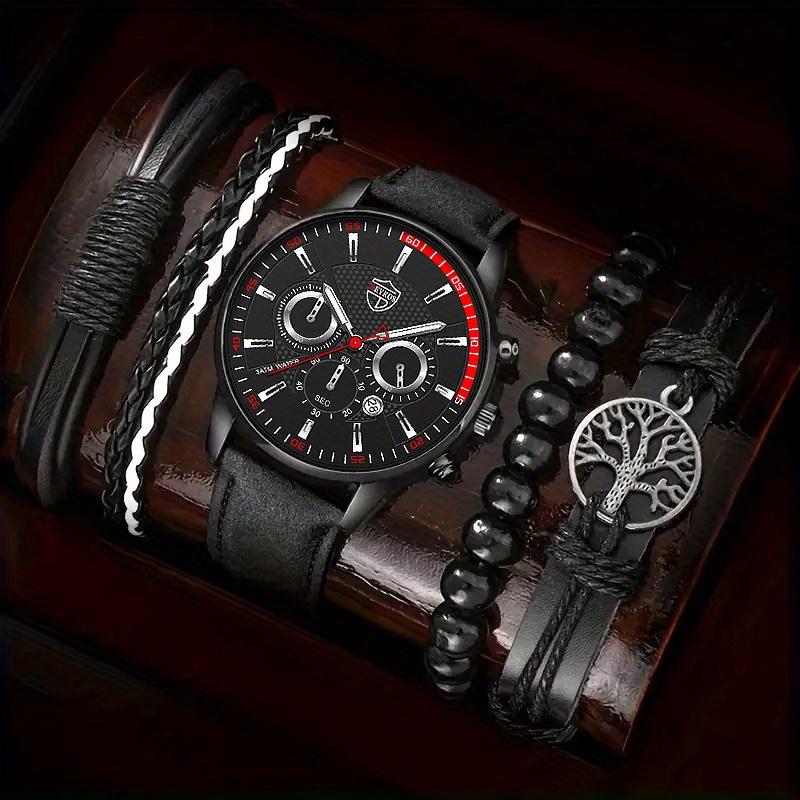 

5 шт./набор, 1 шт. модные мужские деловые аналоговые кварцевые часы из искусственной кожи с календарем и 4 шт. браслетов в комплекте