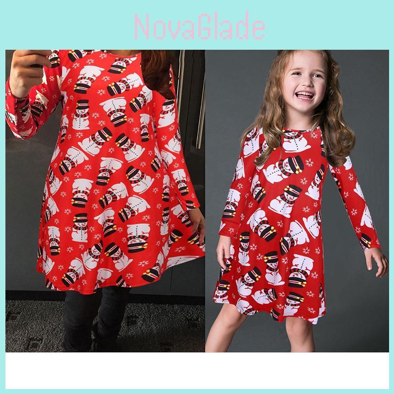 Charming Girls Children Christmas Dress Featuring Elegant Santa Bow Print For Mothers And Daughters