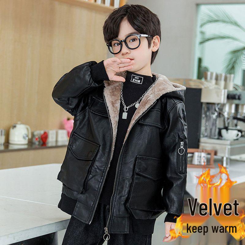 Jungen 2025 Herbst/Winter Koreanischer Stil Plus Samt Lederjacke