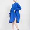 Johnature Fashion Streetwear Blue Pleated Loose Irregular Dresses Women Autumn O-neck Solid Color Dress