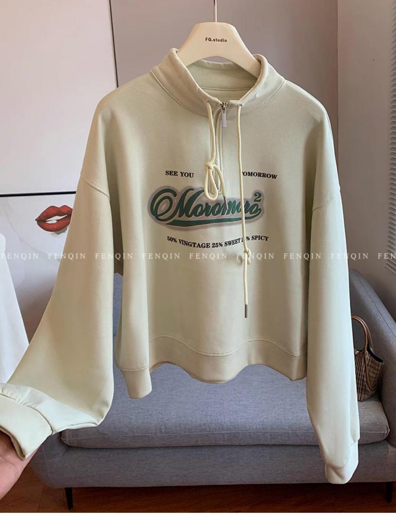 Plus Size European High Waist Stand Collar Sweatshirt for Women - 2025 Spring/Autumn, New Loose Slimming Short Top