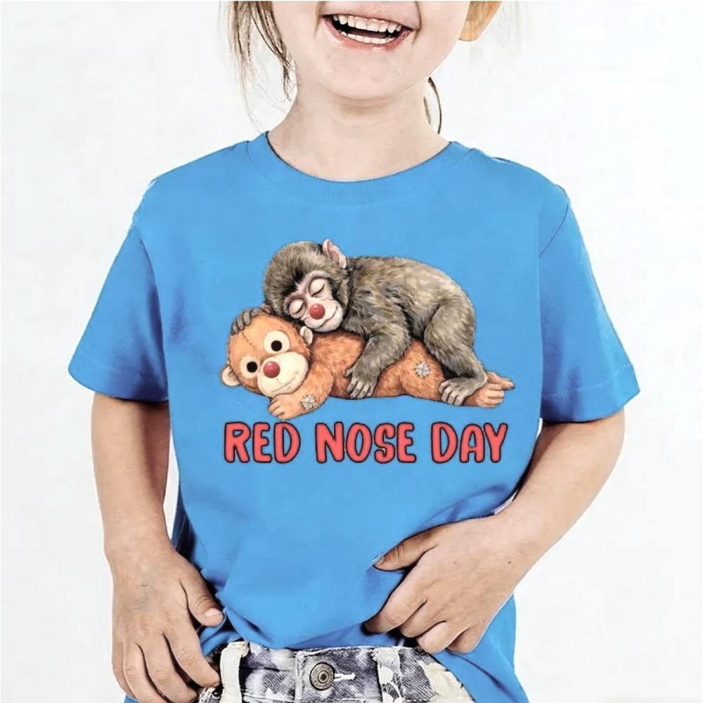 

Punch The Monkey Red Nose Day Girls and Boys T Shirt Cute Baby Monkey with Plush Toy Viral Meme Graphic Kids Casual Trendy Tops 100