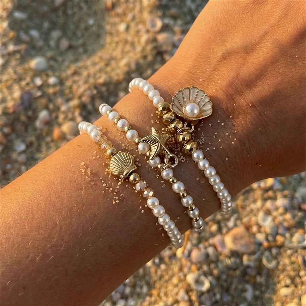 3Pcs/Set Minimalist Starfish Beaded Bracelets for Women Fashion Imitation Pearl Stackable Chain Bracelet Vacation Jewelry Gift