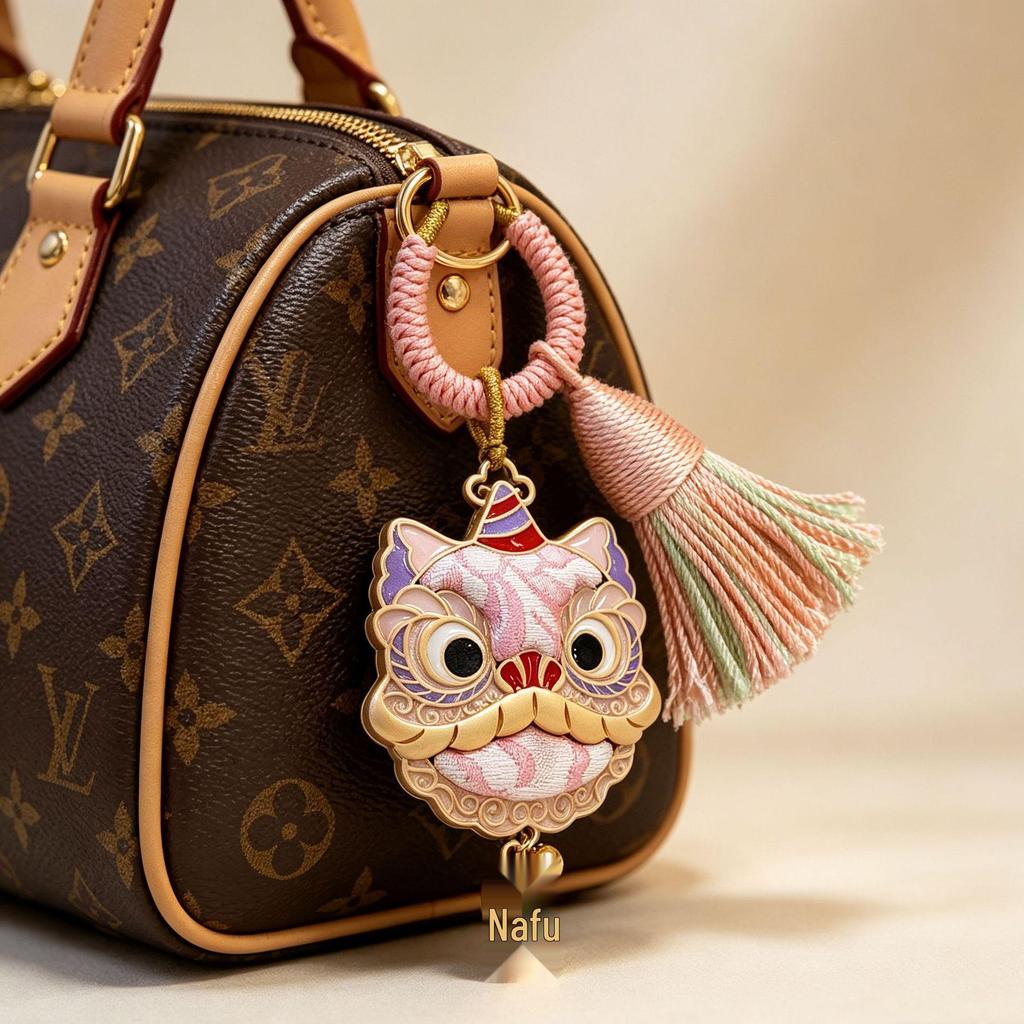 Chinese Lion Brocade Zinc Alloy Pendant Keychain with Handmade Tassel and Small Doll Ornament