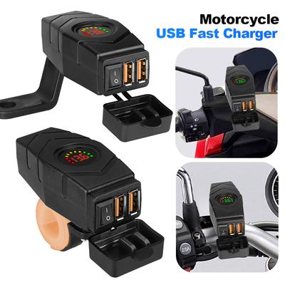 36W Motorcycle Dual USB Charger Handlebar QC3.0 USB Fast Charging Waterproof 12V Phone Chargers Adapter With Voltmeter Display