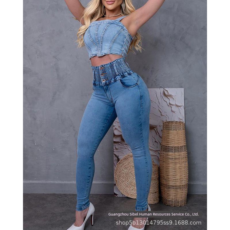 

Tight Denim Pants European and American Women s Clothing Blue High Waist Loose Elastic Design Tight Denim Skinny Pants Blue XL