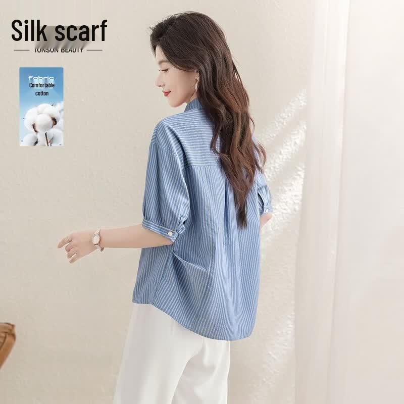 Women s Loose Fit Pure Cotton Contrast Stripe 3/4 Sleeve Shirt S