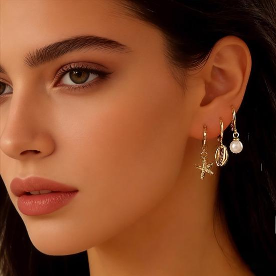 3 Pairs Women Coastal Hoop Earrings Starfish Seashell Faux Pearl Charm Dangle Hoop Earrings Summer Beach Earrings for Holiday Daily Wear