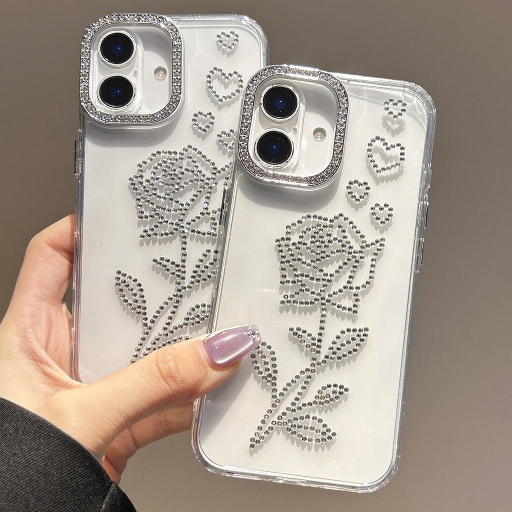 Diamond Rose Case For iPhone 14 Pro 15 ProMax 16 Pro Max Glitter Transparent Cover Funda For iPhone 13 12 11 Luxury Phone Shell