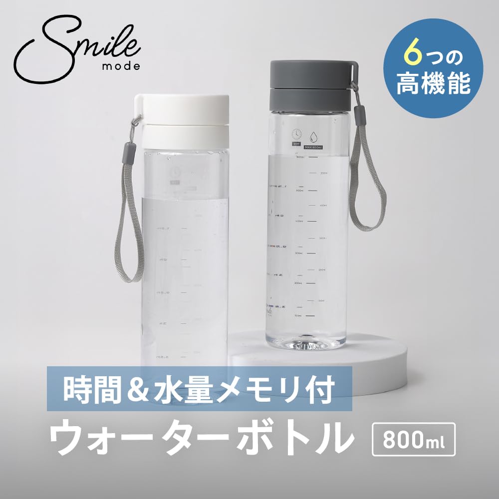 Smilemode Water Bottle, 800ml, Made with Medical-Grade Tritan and Double Metering, with Time Marker and Water Level Meter, BPA-Free, Tea Strainer,