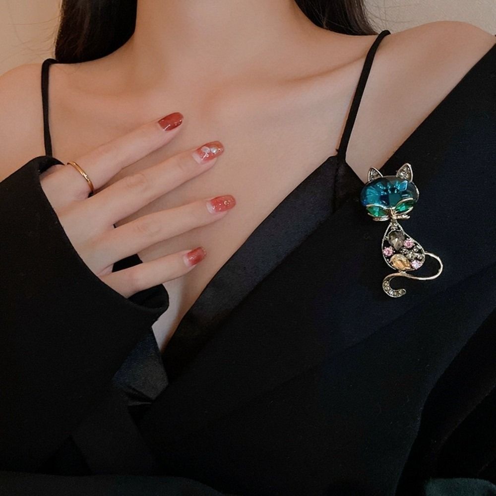 Crystal Blue Crystal Cat Brooches Corsage Daily Party Accessories Animal Pins Luxury Vintage Banquet Clothes Metal Pin