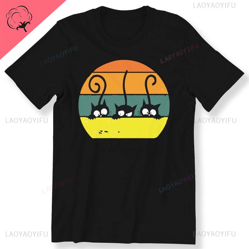 Three Cat Retro for Men Women and Kids Printed Tshirt Black Cute Cats Retro Cat Lovers Top Graphic Tee Retro Cotton Streetwear