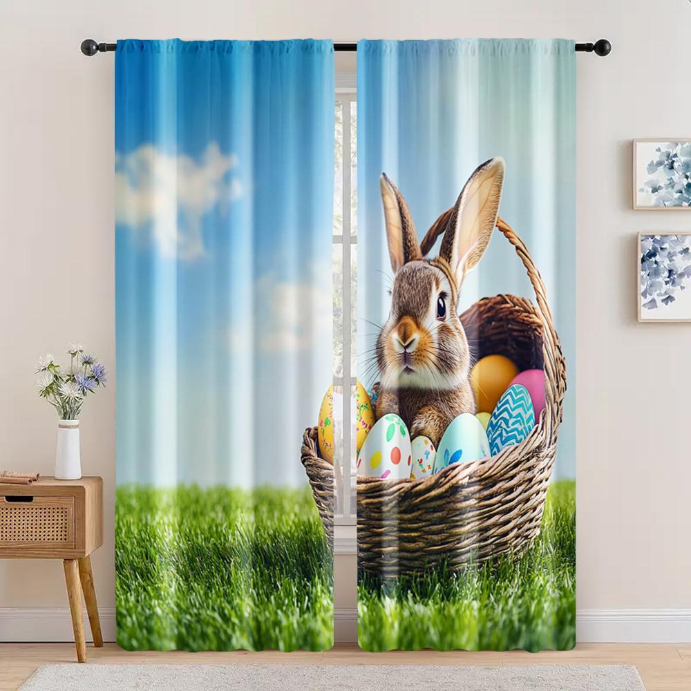 

2 шт., Занавес кролик яйца фон весенне-зеленая трава кролик разноцветные яйца счастливой пасхи праздничный фон счастливой пасхи 29x65in(75x166cm)