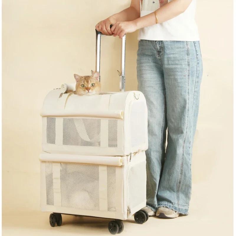 High Aesthetic Pet Trolley Breathable 2-Layers Cat Baskets Travel Transport Case with Comfortable Design Convenient for Travel