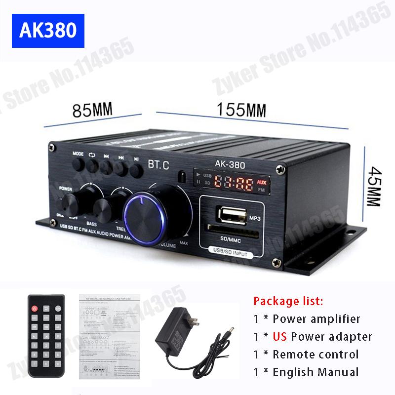AK380 12V Bluetooth Power Amplifier Home Car Class D HiFi Amp Max 800W Stereo BASS Audio Amps Support FM MP3 Player USB SD Input